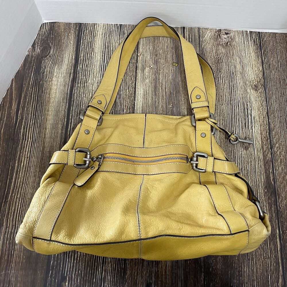 Fossil Womens Large Yellow Leather Shoulder Tote Bag Purse Double Straps